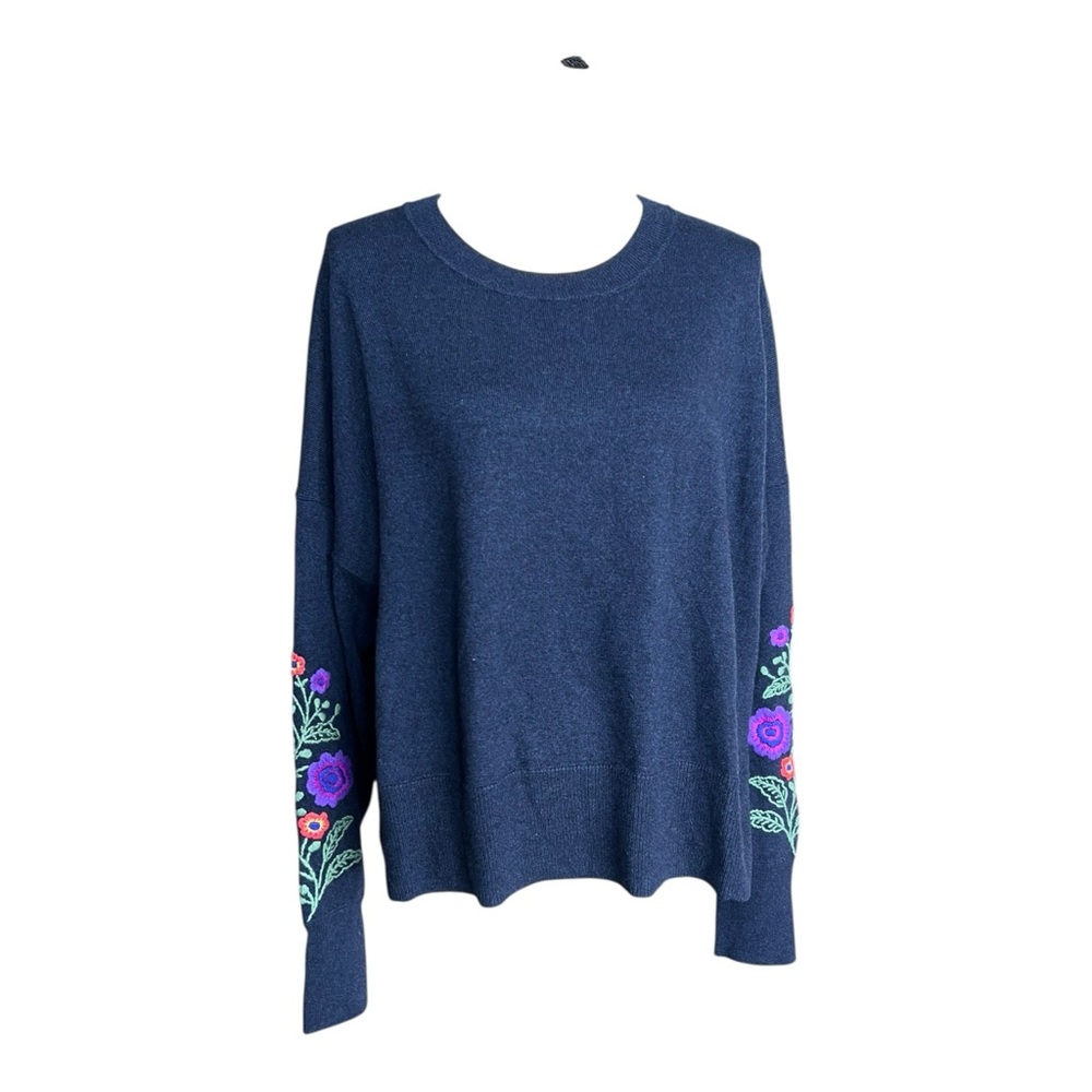 Autumn Cashmere Spring Flowers Embroidered Crew Neck Navy Sweater Size L
